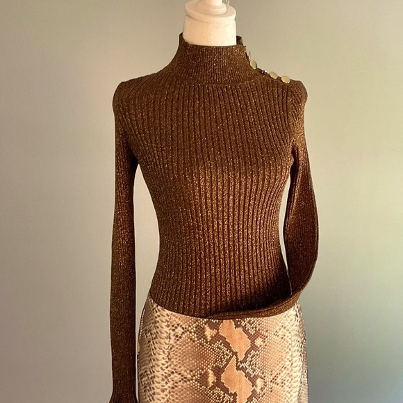INC Copper Brown Metallic Rib Knit Sweater with Gold Shoulder Buttons NWT - Picture 9 of 16